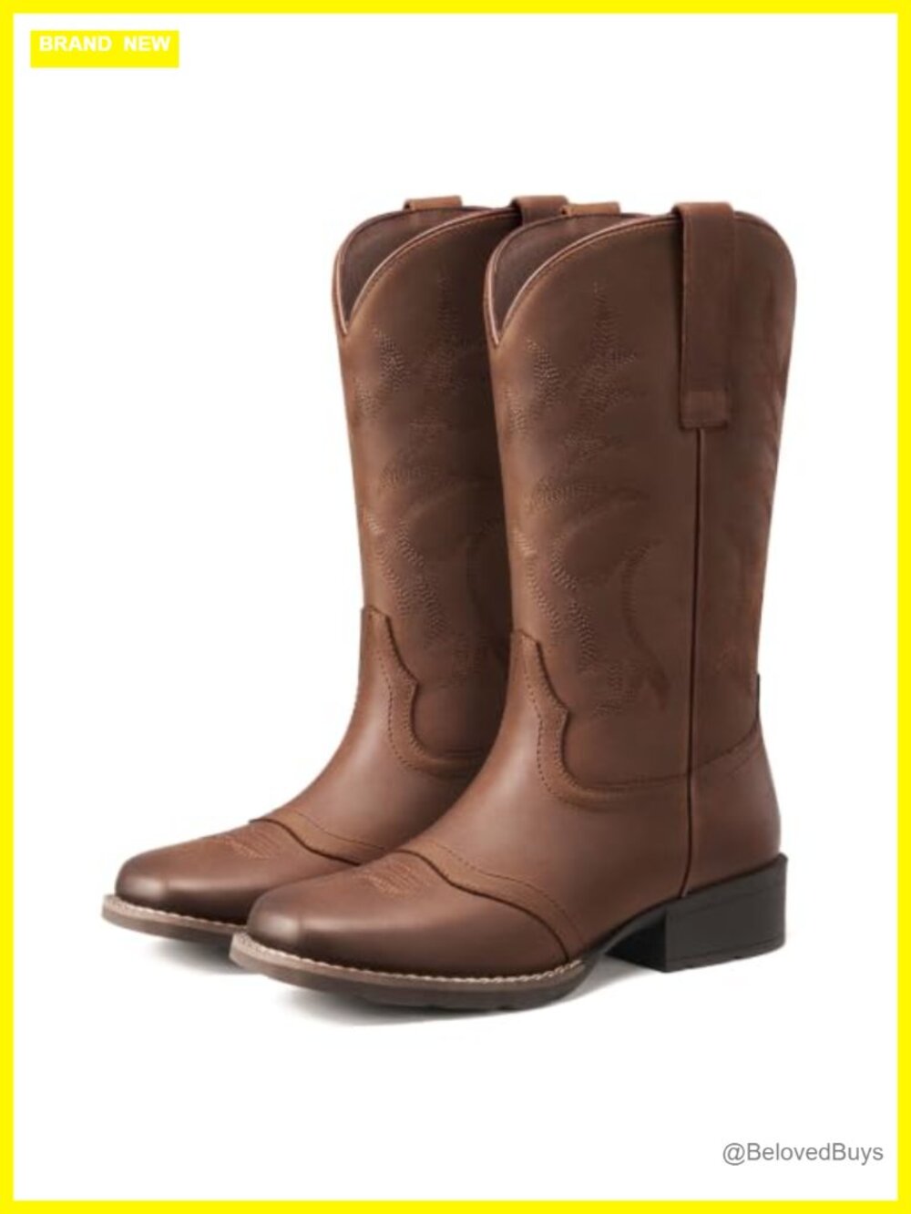 Genuine Leather Western Cowgirl Boots Square Toe Block Heel Mid Calf